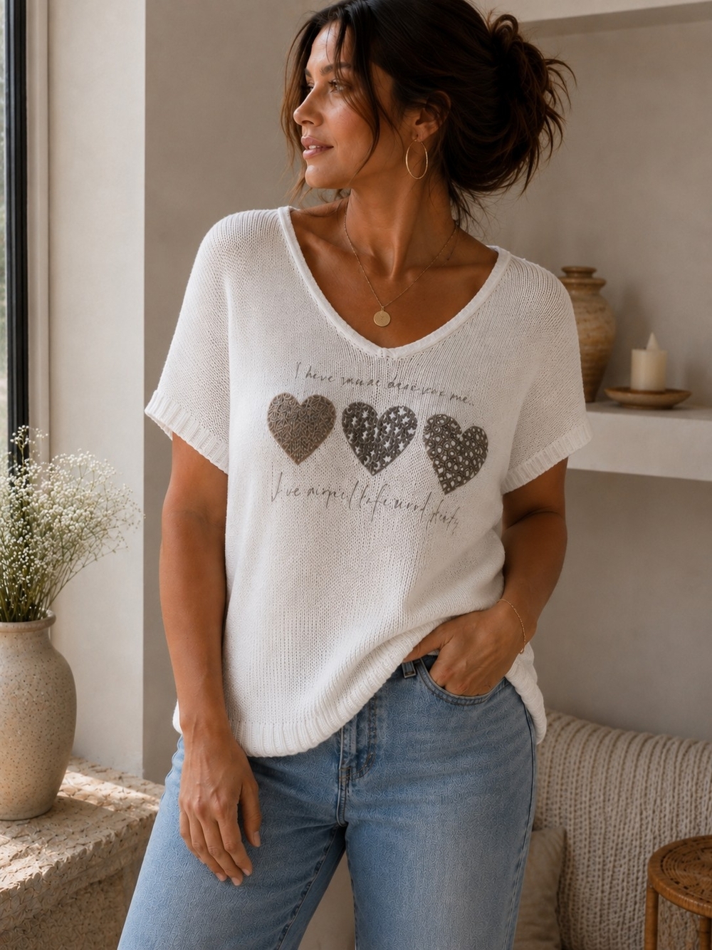 Made in Italy White Heart Knit Tee-shirt | Modal Blend | Size L